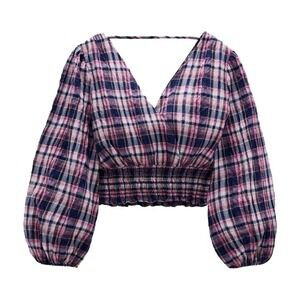 Zara Plaid Check Balloon Sleeve Smocked V-Neck Cropped Blouse Top